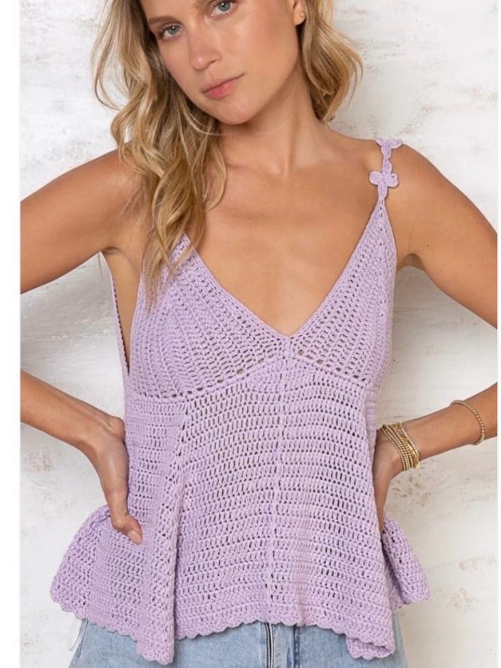 POL “Seaside Crochet” Anthropologie Lilac Purple Crochet Stretchy Babydoll top